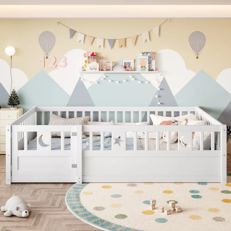 Letto per bambini 140 x 190 cm con sponde di sicurezza; legno di pino bianco e decorazioni stelle e luna