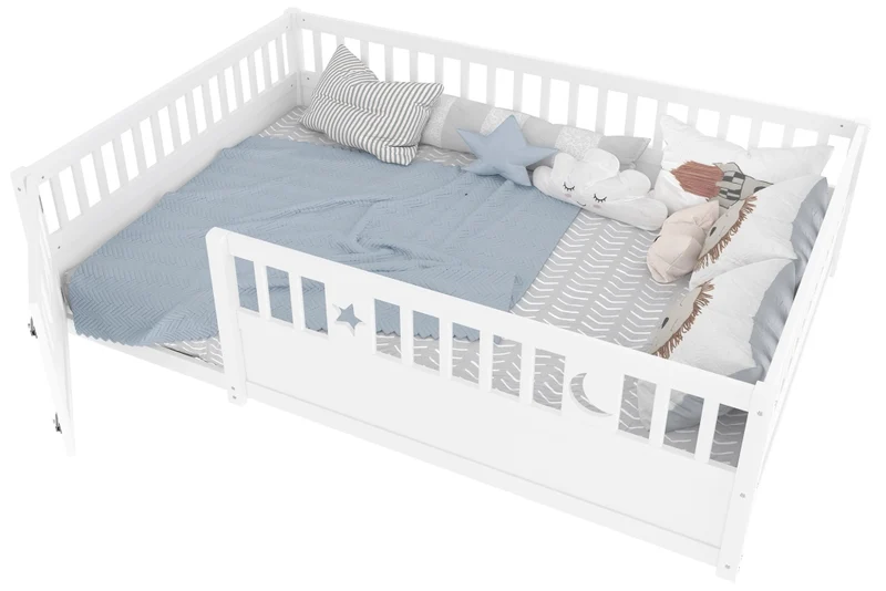 Letto per bambini 140 x 190 cm con sponde di sicurezza; legno di pino bianco e decorazioni stelle e luna