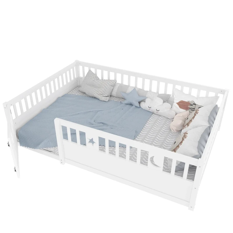 Letto per bambini 140 x 190 cm con sponde di sicurezza; legno di pino bianco e decorazioni stelle e luna