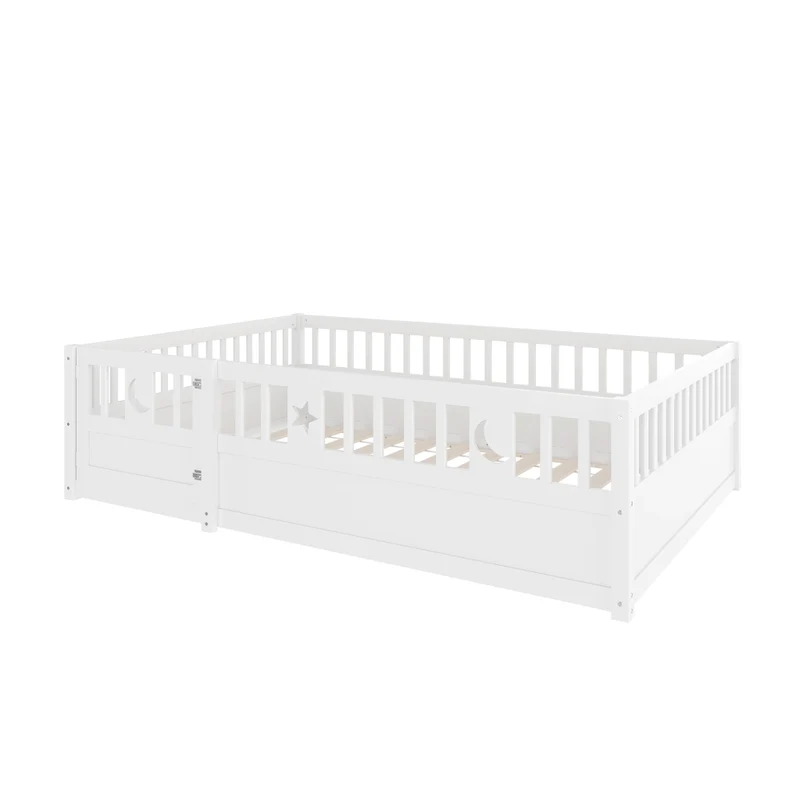 Letto per bambini 140 x 190 cm con sponde di sicurezza; legno di pino bianco e decorazioni stelle e luna