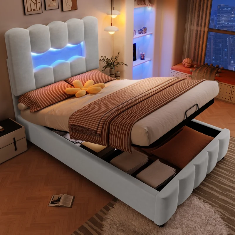 Letto singolo 90x200 cm in velluto grigio con contenitore idraulico; LED multicolore e testiera regolabile