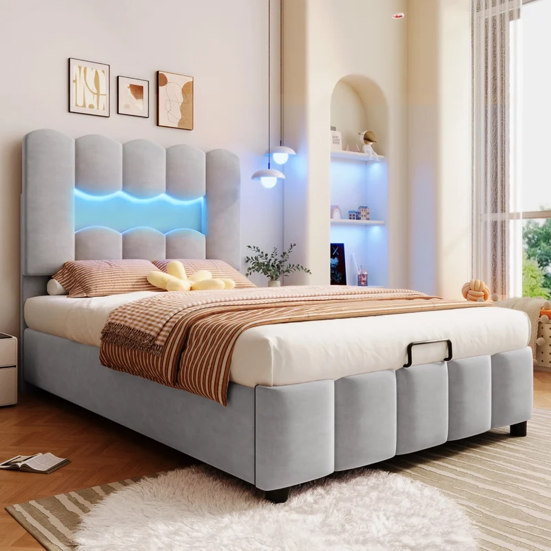 Letto singolo 90x200 cm in velluto grigio con contenitore idraulico; LED multicolore e testiera regolabile