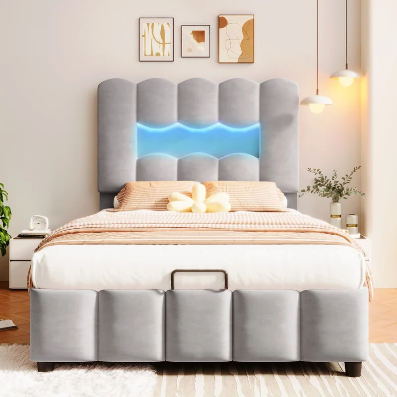 Letto singolo 90x200 cm in velluto grigio con contenitore idraulico; LED multicolore e testiera regolabile