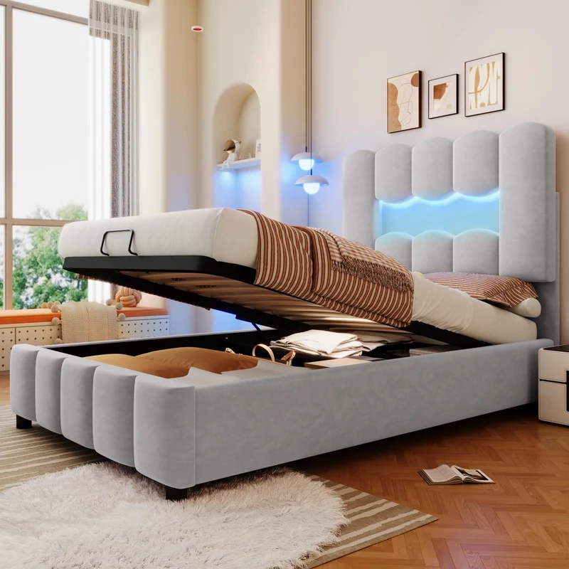 Letto singolo 90x200 cm in velluto grigio con contenitore idraulico; LED multicolore e testiera regolabile