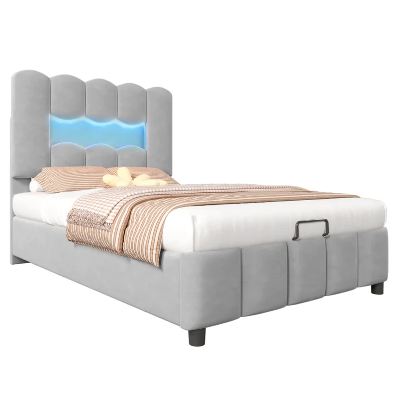 Letto singolo 90x200 cm in velluto grigio con contenitore idraulico; LED multicolore e testiera regolabile