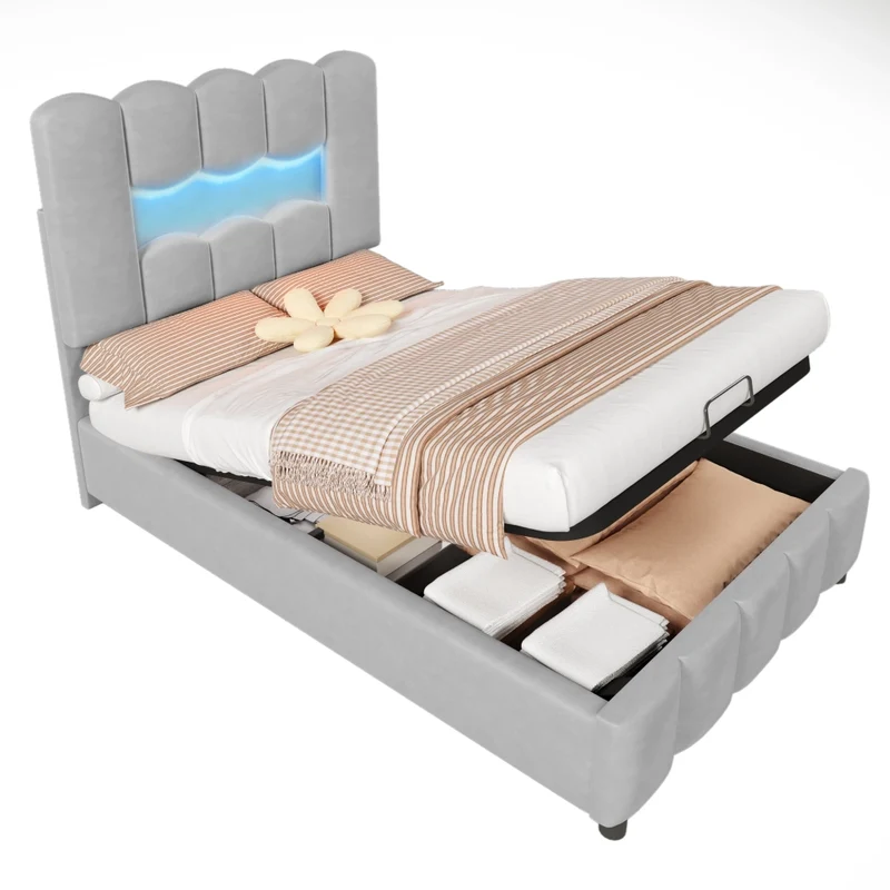 Letto singolo 90x200 cm in velluto grigio con contenitore idraulico; LED multicolore e testiera regolabile