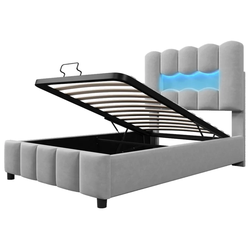 Letto singolo 90x200 cm in velluto grigio con contenitore idraulico; LED multicolore e testiera regolabile