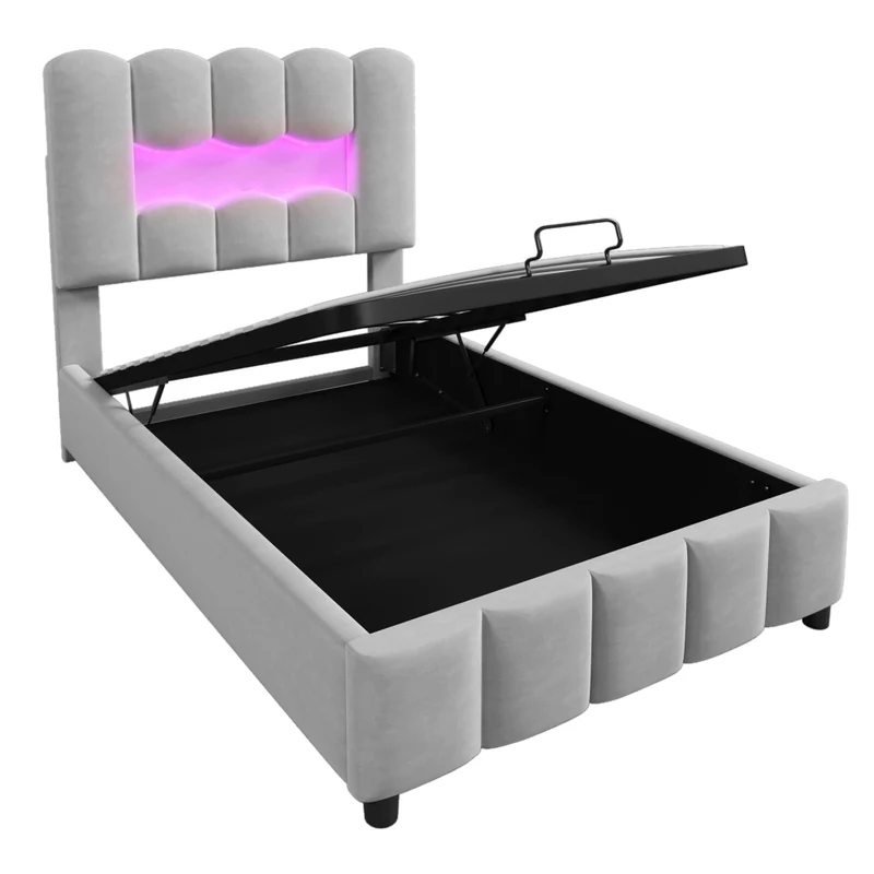 Letto singolo 90x200 cm in velluto grigio con contenitore idraulico; LED multicolore e testiera regolabile