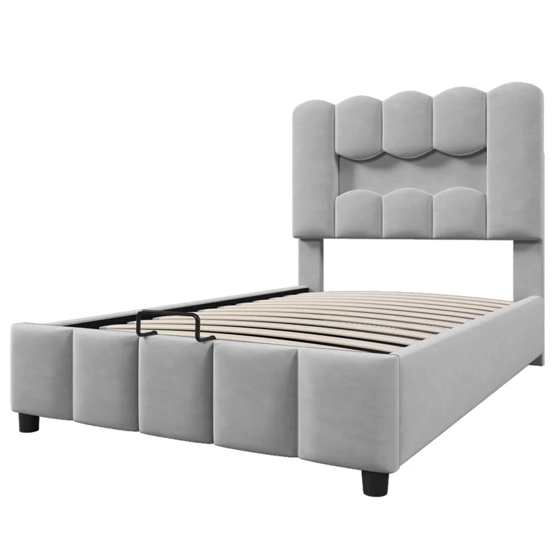 Letto singolo 90x200 cm in velluto grigio con contenitore idraulico; LED multicolore e testiera regolabile