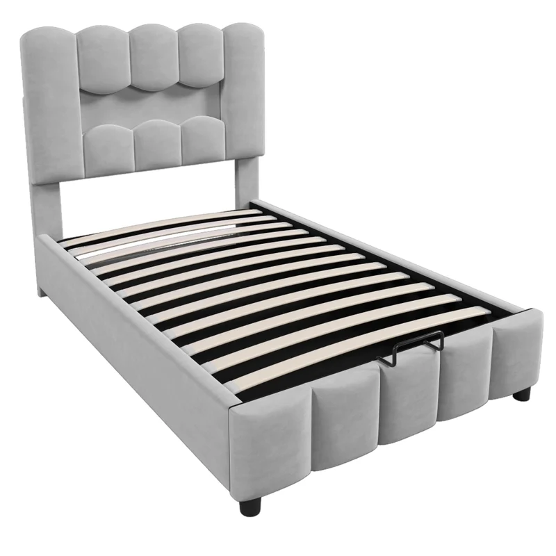 Letto singolo 90x200 cm in velluto grigio con contenitore idraulico; LED multicolore e testiera regolabile