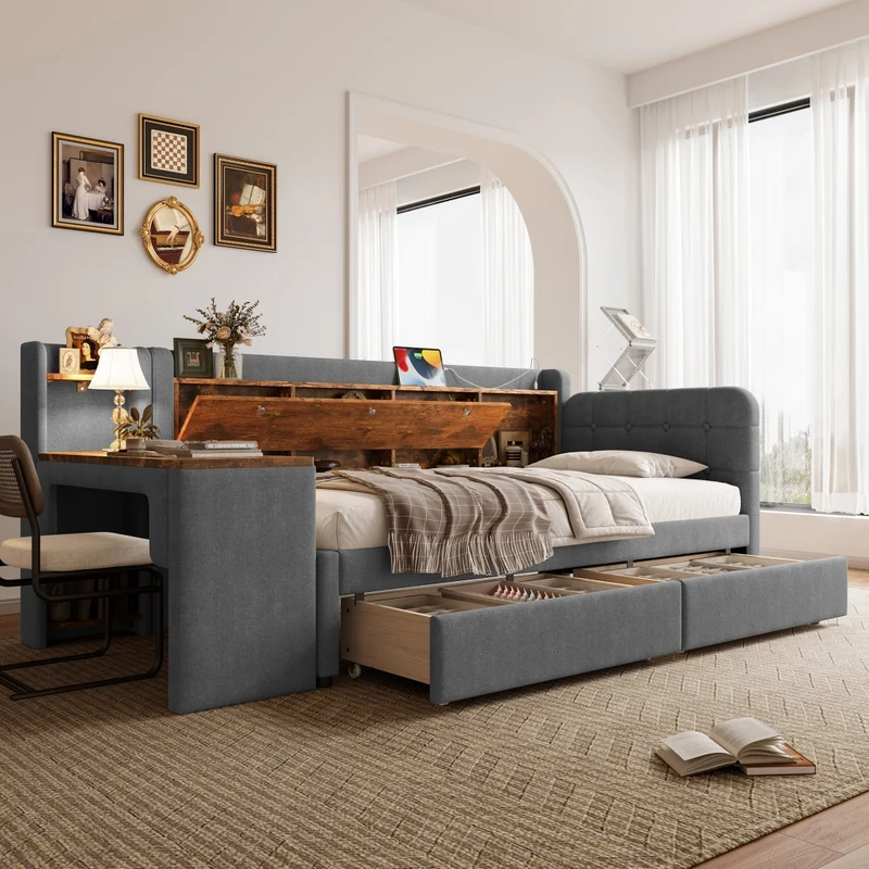 Letto singolo 90x200 cm con contenitore; scrivania reversibile e prese USB Type-C; grigio
