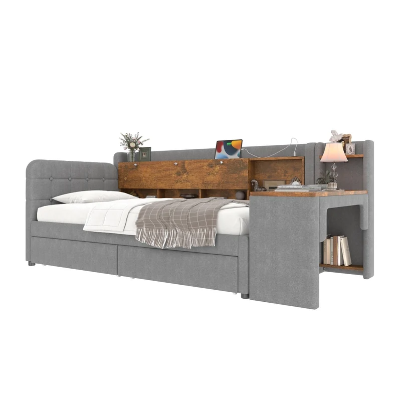 Letto singolo 90x200 cm con contenitore; scrivania reversibile e prese USB Type-C; grigio