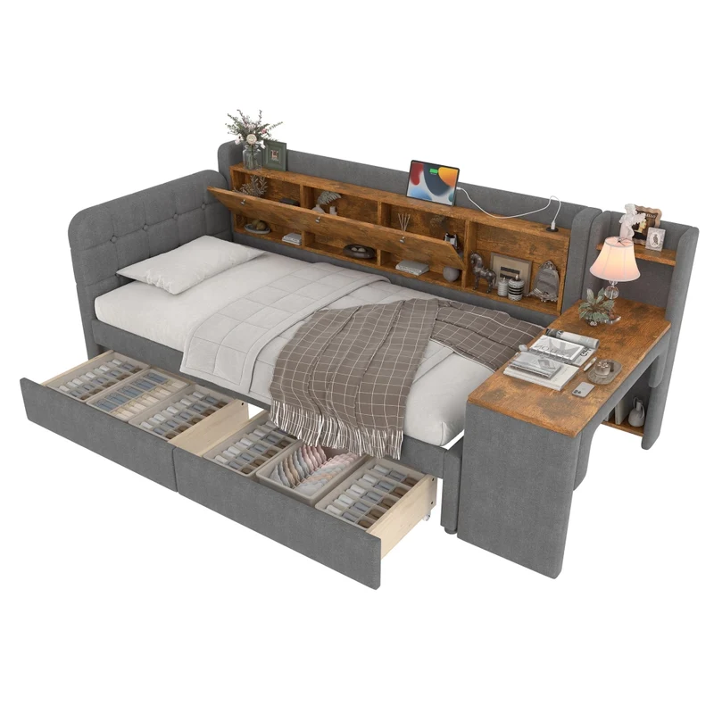Letto singolo 90x200 cm con contenitore; scrivania reversibile e prese USB Type-C; grigio