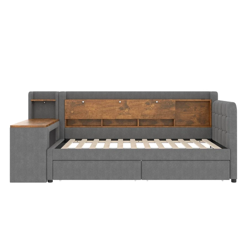 Letto singolo 90x200 cm con contenitore; scrivania reversibile e prese USB Type-C; grigio