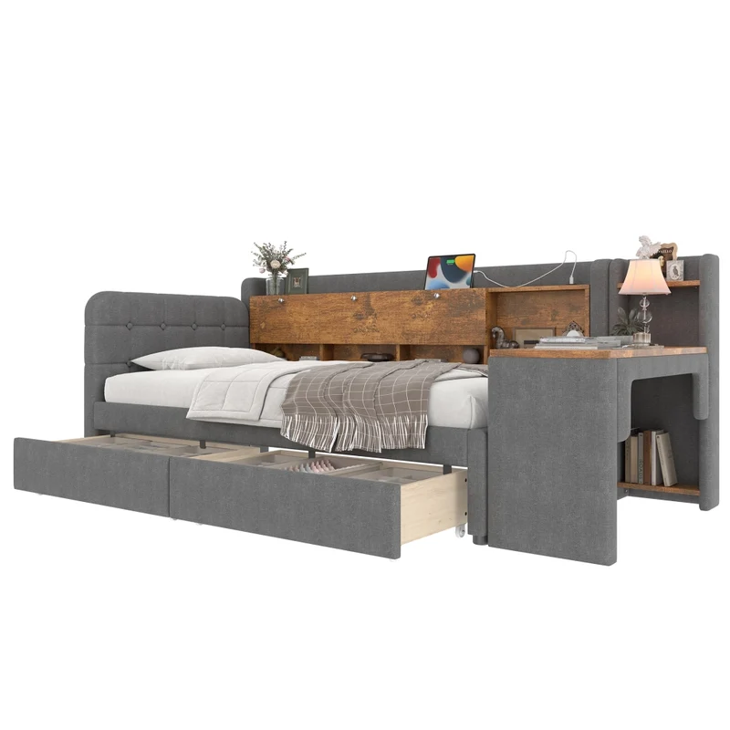 Letto singolo 90x200 cm con contenitore; scrivania reversibile e prese USB Type-C; grigio