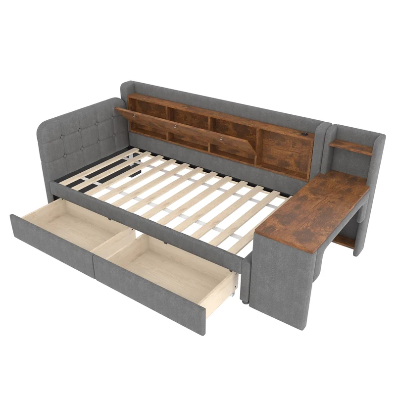 Letto singolo 90x200 cm con contenitore; scrivania reversibile e prese USB Type-C; grigio
