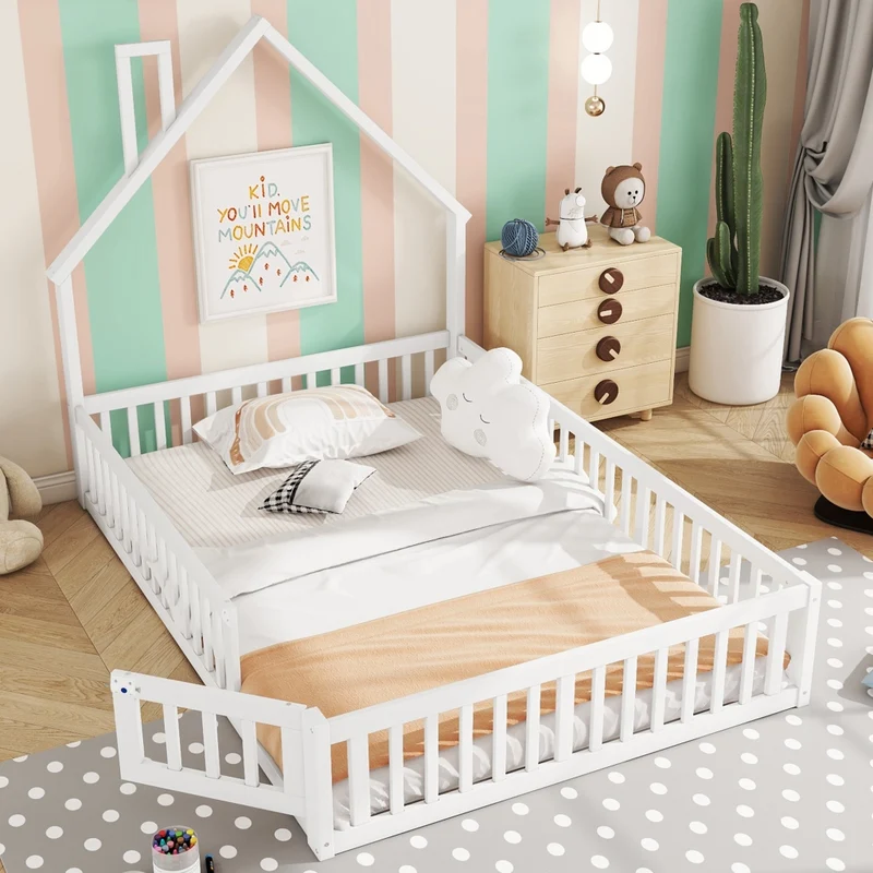 Letto per bambini 140 x 190 cm con rete a doghe; struttura a forma di camino in pino e MDF; bianco