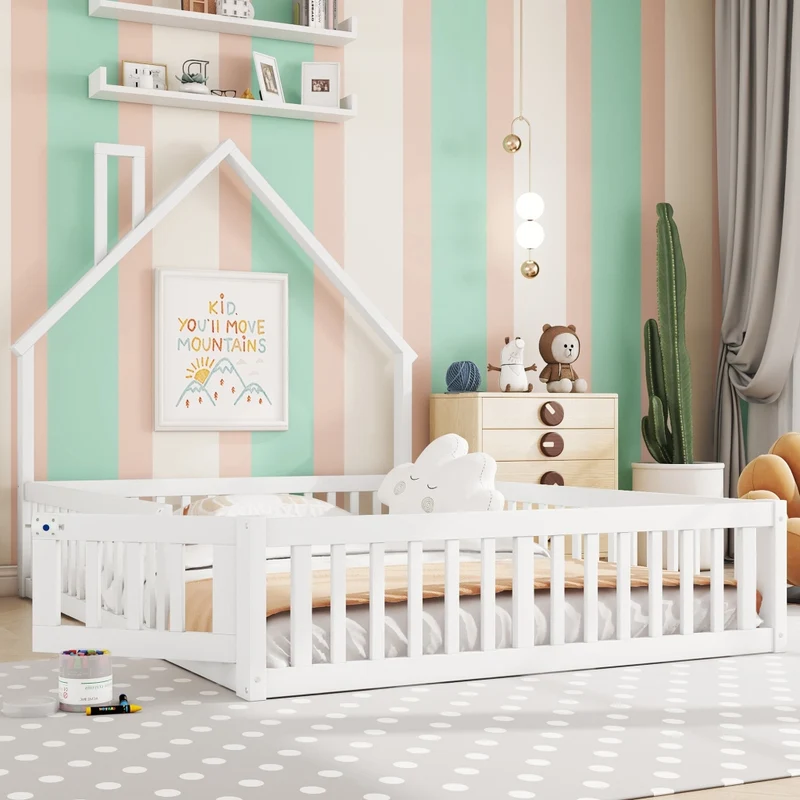 Letto per bambini 140 x 190 cm con rete a doghe; struttura a forma di camino in pino e MDF; bianco
