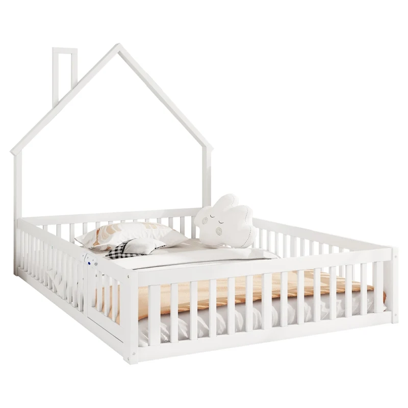 Letto per bambini 140 x 190 cm con rete a doghe; struttura a forma di camino in pino e MDF; bianco