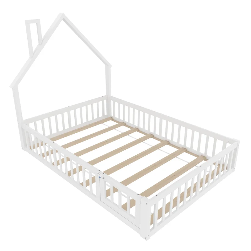 Letto per bambini 140 x 190 cm con rete a doghe; struttura a forma di camino in pino e MDF; bianco