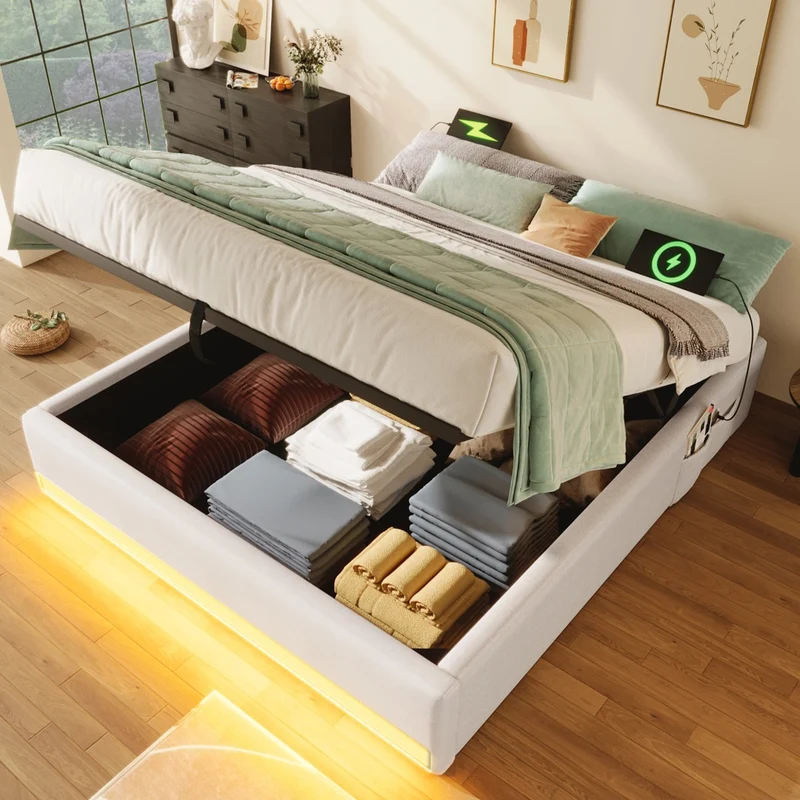 Letto imbottito 140x200 cm con contenitore idraulico; LED multicolore e porte USB; beige
