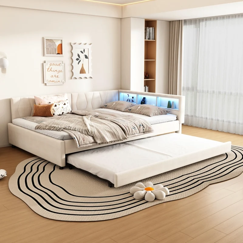 Letto estraibile 140x200 cm in lino beige con rete a doghe; LED e vani portaoggetti
