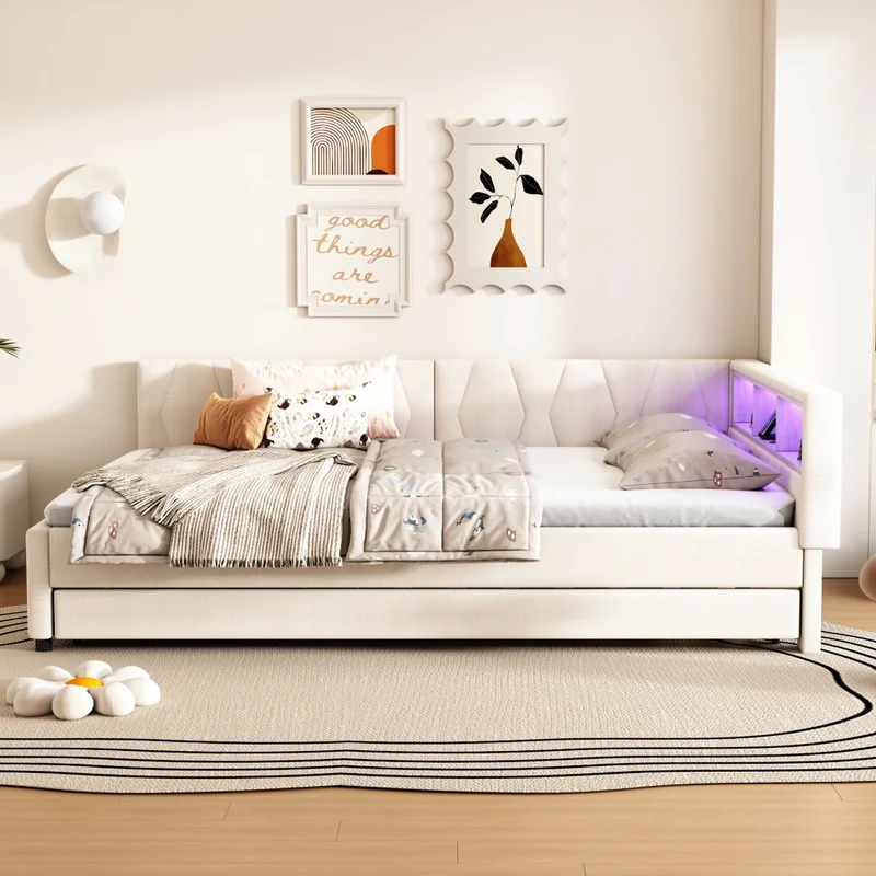 Letto estraibile 140x200 cm in lino beige con rete a doghe; LED e vani portaoggetti