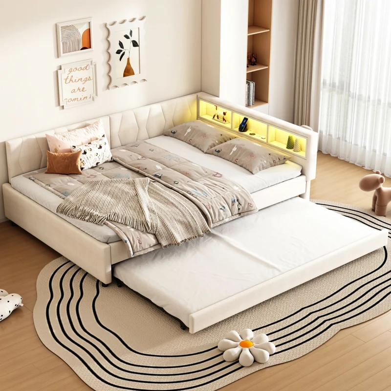 Letto estraibile 140x200 cm in lino beige con rete a doghe; LED e vani portaoggetti