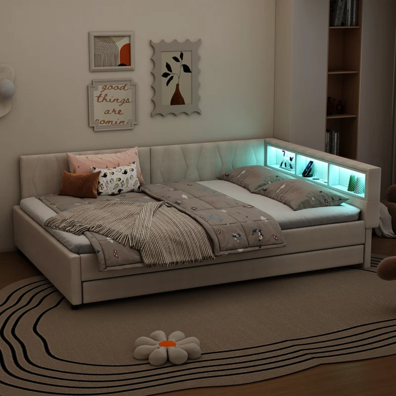 Letto estraibile 140x200 cm in lino beige con rete a doghe; LED e vani portaoggetti
