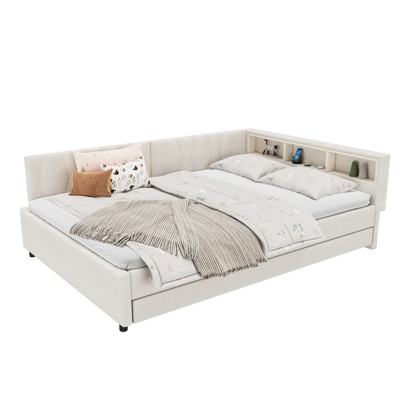 Letto estraibile 140x200 cm in lino beige con rete a doghe; LED e vani portaoggetti