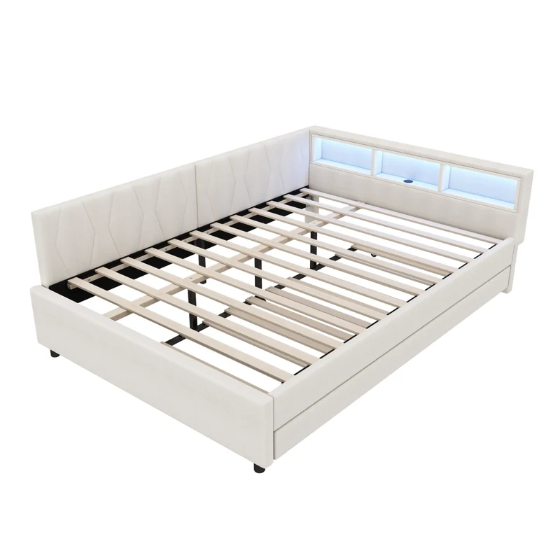 Letto estraibile 140x200 cm in lino beige con rete a doghe; LED e vani portaoggetti