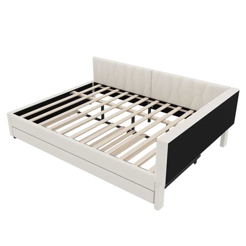 Letto estraibile 140x200 cm in lino beige con rete a doghe; LED e vani portaoggetti