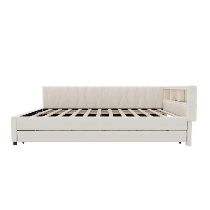 Letto estraibile 140x200 cm in lino beige con rete a doghe; LED e vani portaoggetti