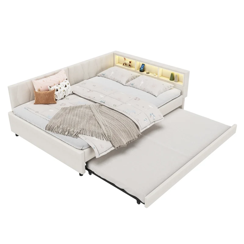 Letto estraibile 140x200 cm in lino beige con rete a doghe; LED e vani portaoggetti
