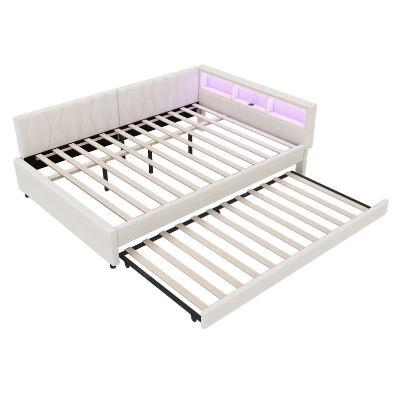 Letto estraibile 140x200 cm in lino beige con rete a doghe; LED e vani portaoggetti