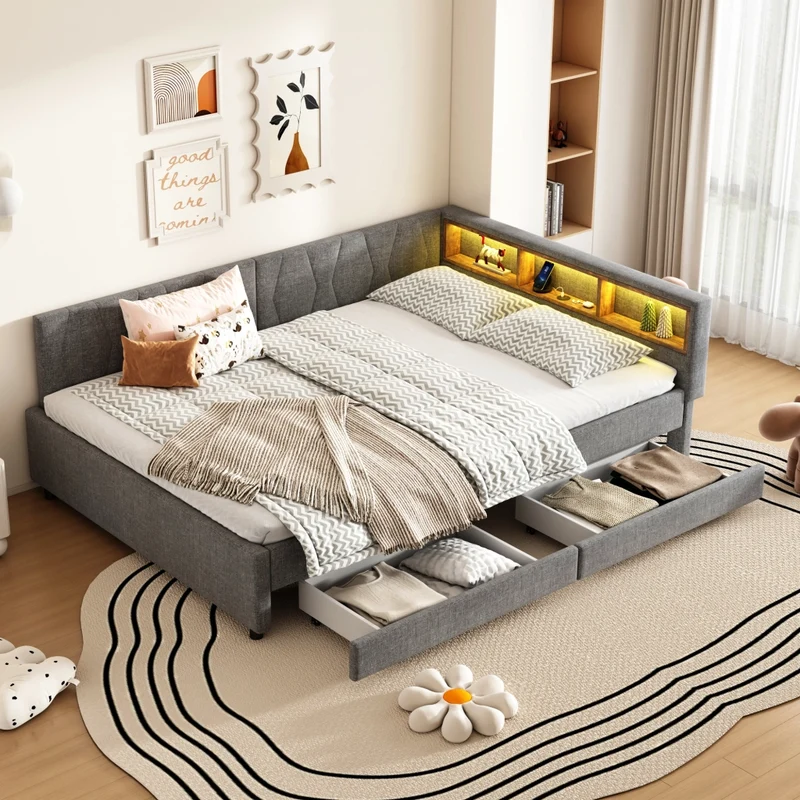Letto 140x200 cm in lino grigio con testiera LED; cassetti e vani portaoggetti