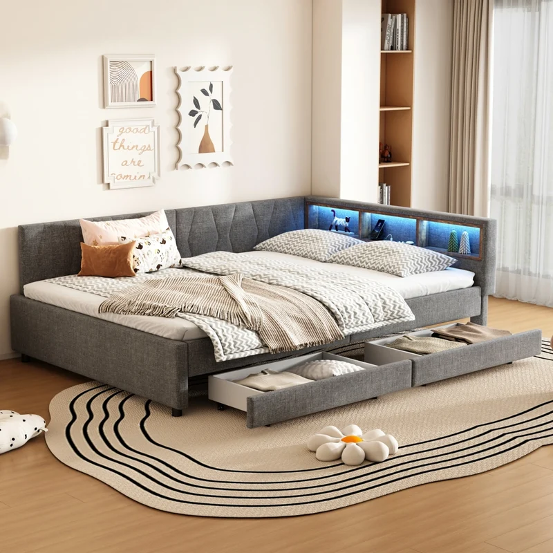 Letto 140x200 cm in lino grigio con testiera LED; cassetti e vani portaoggetti