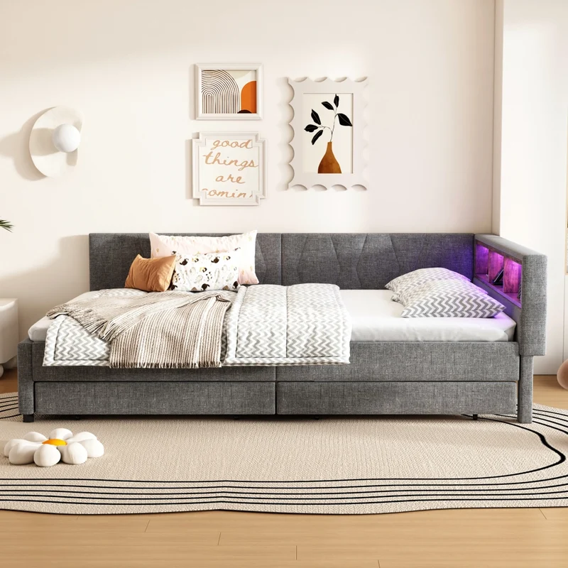 Letto 140x200 cm in lino grigio con testiera LED; cassetti e vani portaoggetti