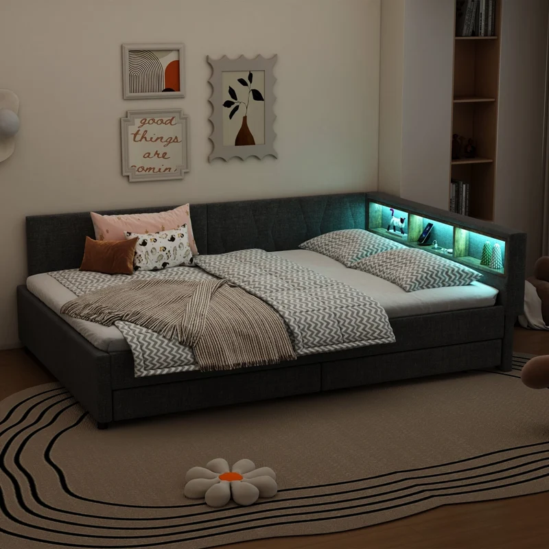 Letto 140x200 cm in lino grigio con testiera LED; cassetti e vani portaoggetti