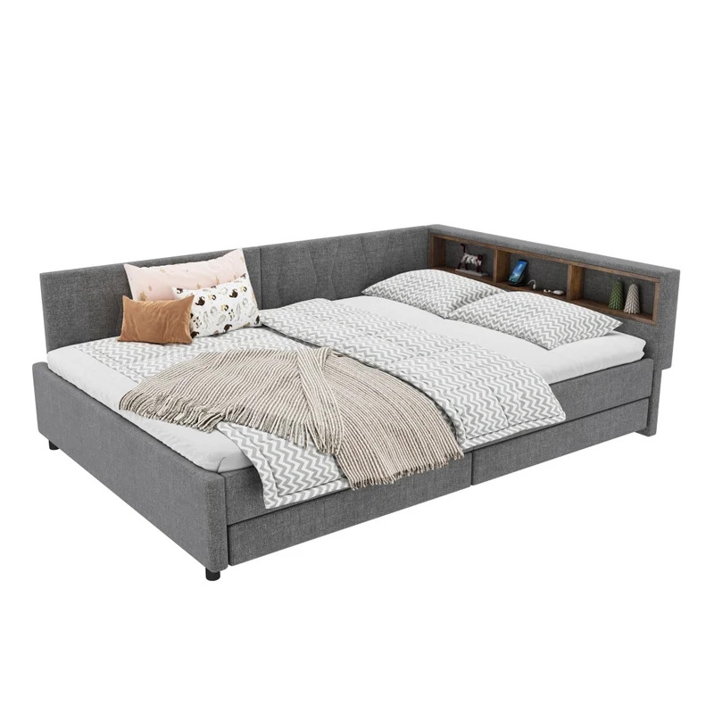Letto 140x200 cm in lino grigio con testiera LED; cassetti e vani portaoggetti