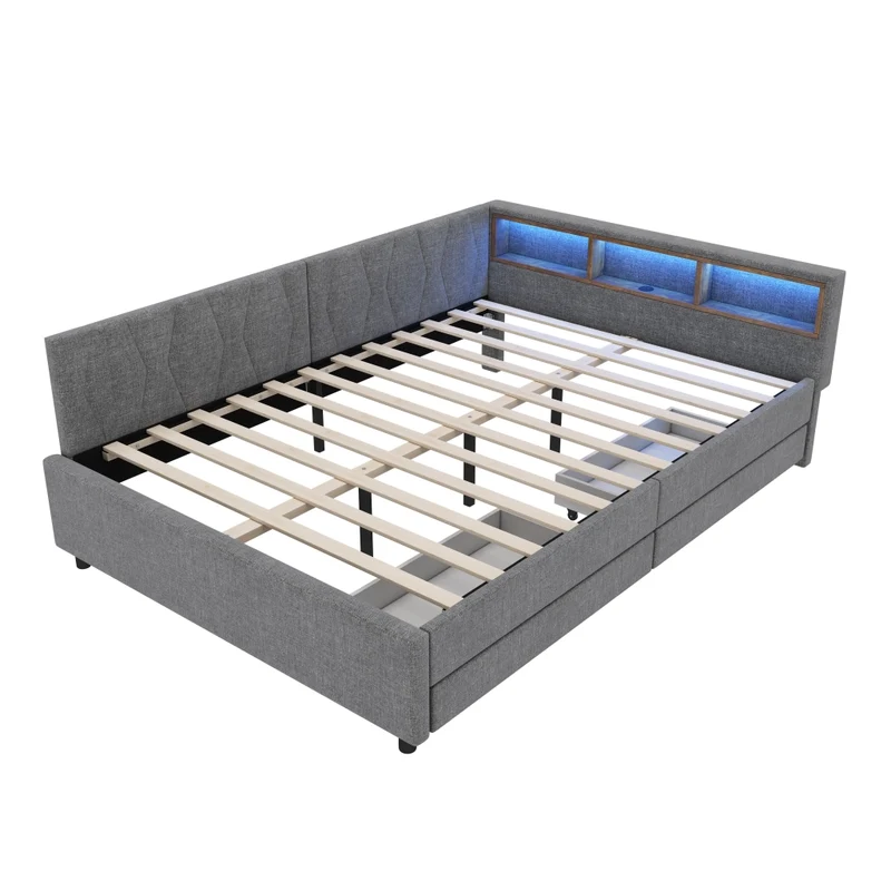 Letto 140x200 cm in lino grigio con testiera LED; cassetti e vani portaoggetti
