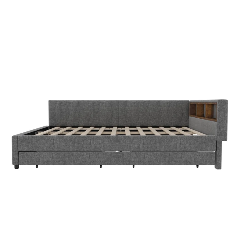 Letto 140x200 cm in lino grigio con testiera LED; cassetti e vani portaoggetti