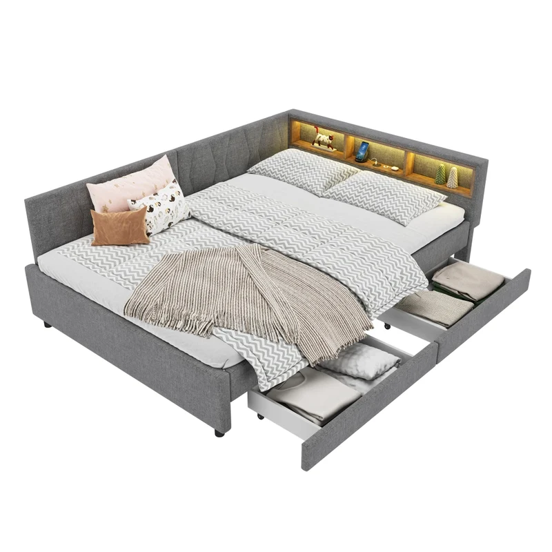 Letto 140x200 cm in lino grigio con testiera LED; cassetti e vani portaoggetti