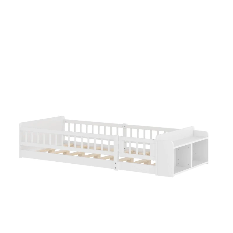 Letto per bambini 90x200 cm in legno di pino bianco con scaffali aperti e cancello apribile