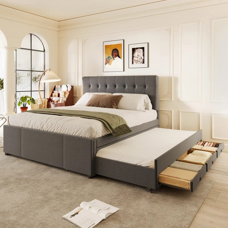Letto imbottito 140x200 cm con letto estraibile; 3 cassetti e testiera regolabile; grigio