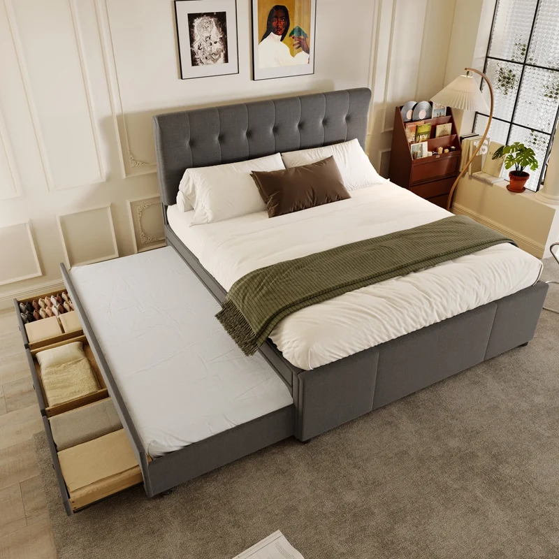 Letto imbottito 140x200 cm con letto estraibile; 3 cassetti e testiera regolabile; grigio