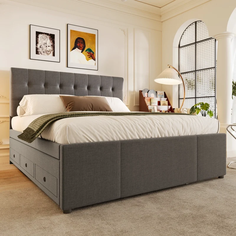 Letto imbottito 140x200 cm con letto estraibile; 3 cassetti e testiera regolabile; grigio