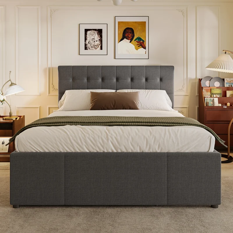 Letto imbottito 140x200 cm con letto estraibile; 3 cassetti e testiera regolabile; grigio