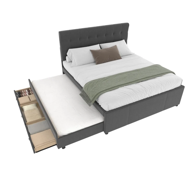Letto imbottito 140x200 cm con letto estraibile; 3 cassetti e testiera regolabile; grigio