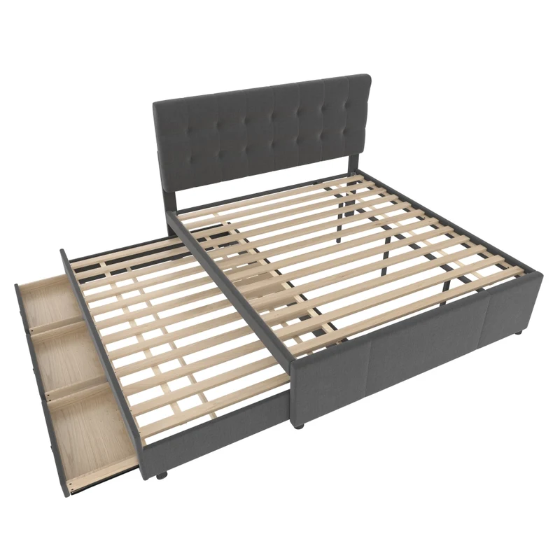 Letto imbottito 140x200 cm con letto estraibile; 3 cassetti e testiera regolabile; grigio